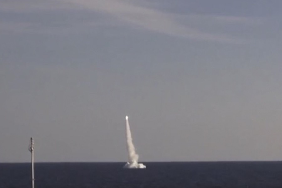 Kalibr cruise missile breaking the surface after launch from the submarine Volkhov.