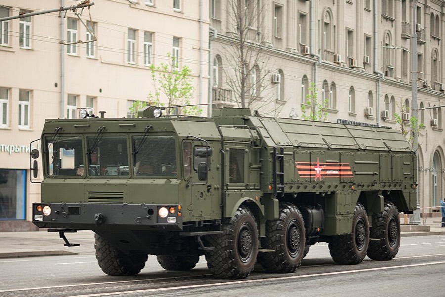 Iskander-M launcher vehicle at a Moscow parade rehearsal, 2018.