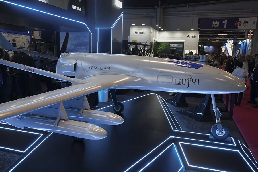 Side view of the Liutyi strike drone at MSPO 2026.