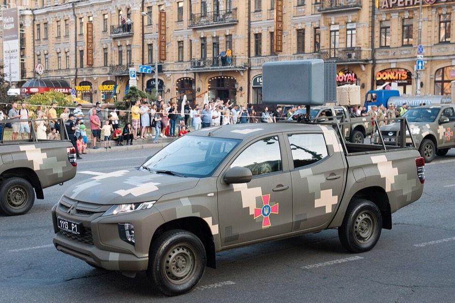 Vehicle-mounted Bukovel-AD at the 2021 Independence Day parade rehearsal in Kyiv.