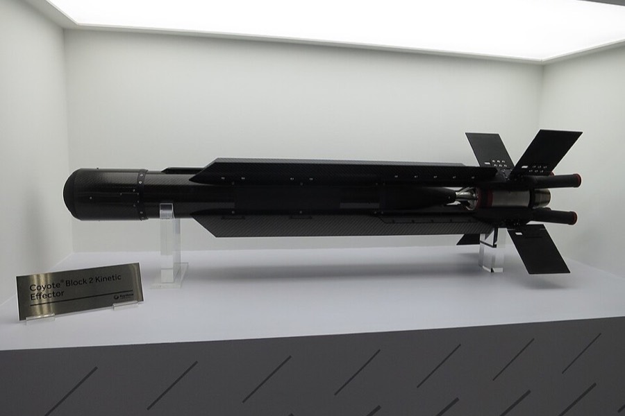 A Raytheon Coyote Block 2 interceptor on display at IDEX 2025.
