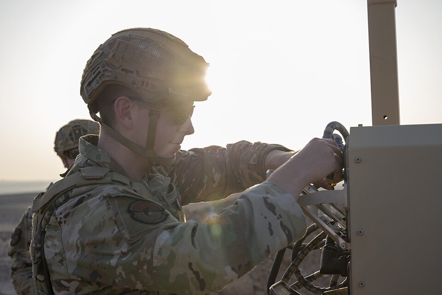 A US Air Force counter-drone operator trains on the Coyote Weapons System.