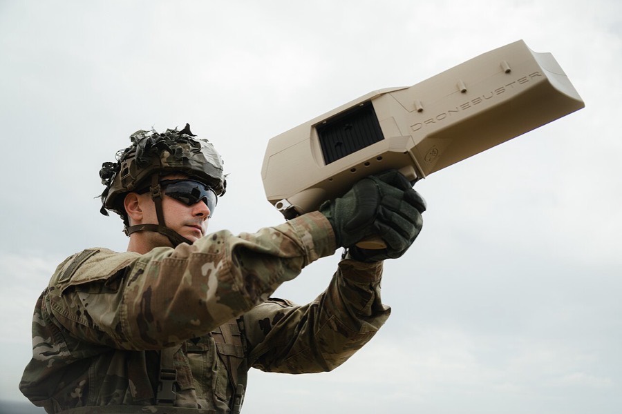 A 173rd Airborne Brigade paratrooper aims a Dronebuster during Exercise Shield 23 in Croatia.