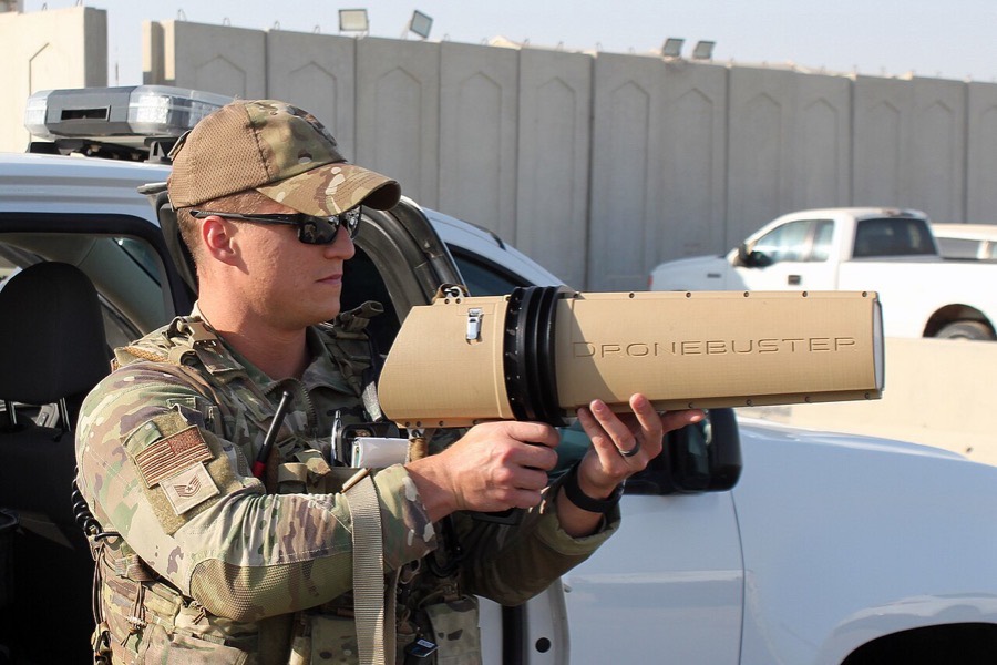 US Air Force airman operates a Dronebuster at Al Dhafra Air Base, UAE.