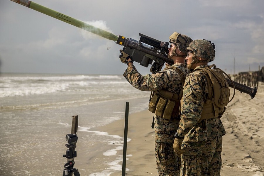 A US Marine low altitude air defense gunner fires an FIM-92 Stinger.