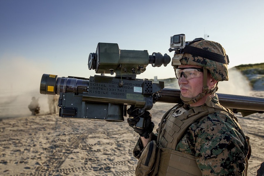 Marine gunner prepares to engage a target drone with a Stinger launcher.