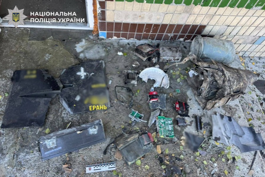 Wreckage of a Geran-4 that hit a school in Kyiv on October 1, 2026, with its unexploded warhead (National Police of Ukraine).
