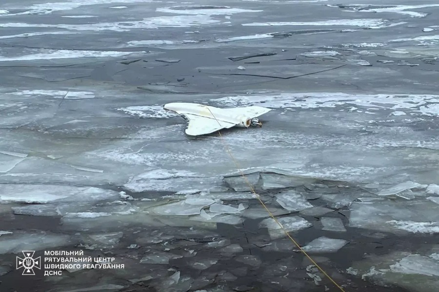 Remains of a Gerbera drone found on a frozen lake in Kyiv Oblast, February 2025.