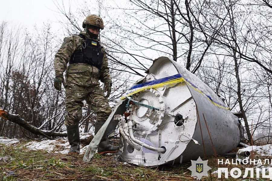 Remains of a downed Kh-101 in a village in Lviv Oblast, February 2024.