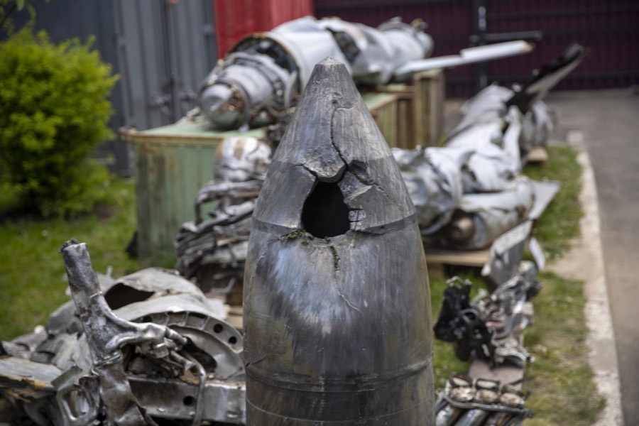 Wreckage of a missile shot down over Kyiv on 4 May 2023 and identified as a Kinzhal.