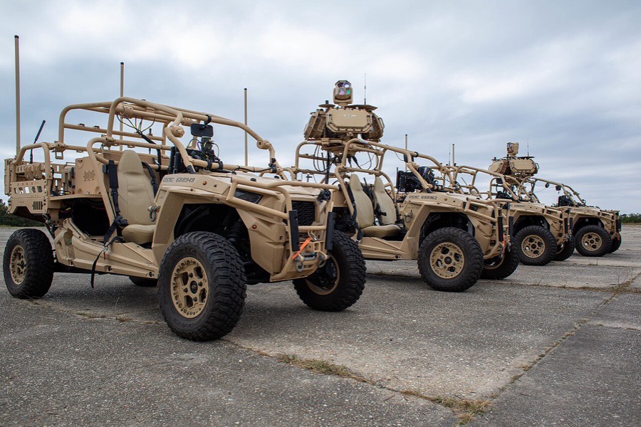 L-MADIS vehicles of the 2nd Low Altitude Air Defense Battalion staged in a line.
