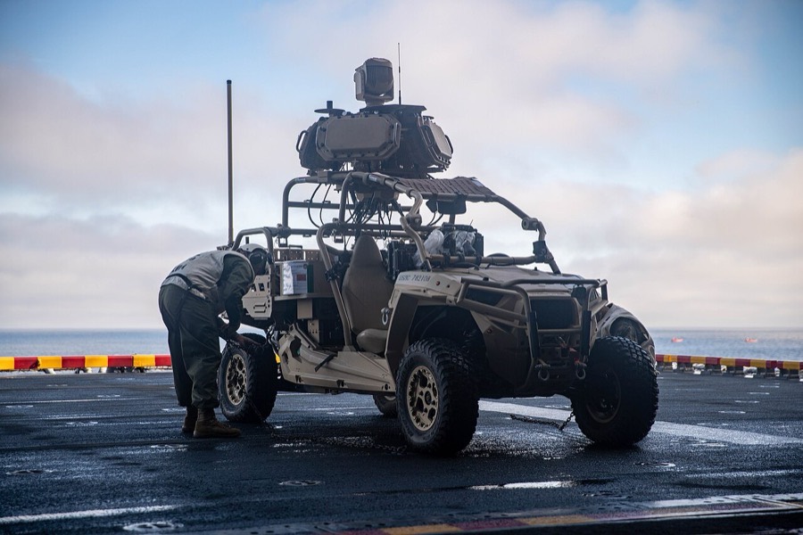 An L-MADIS secured on the flight deck of USS Boxer.