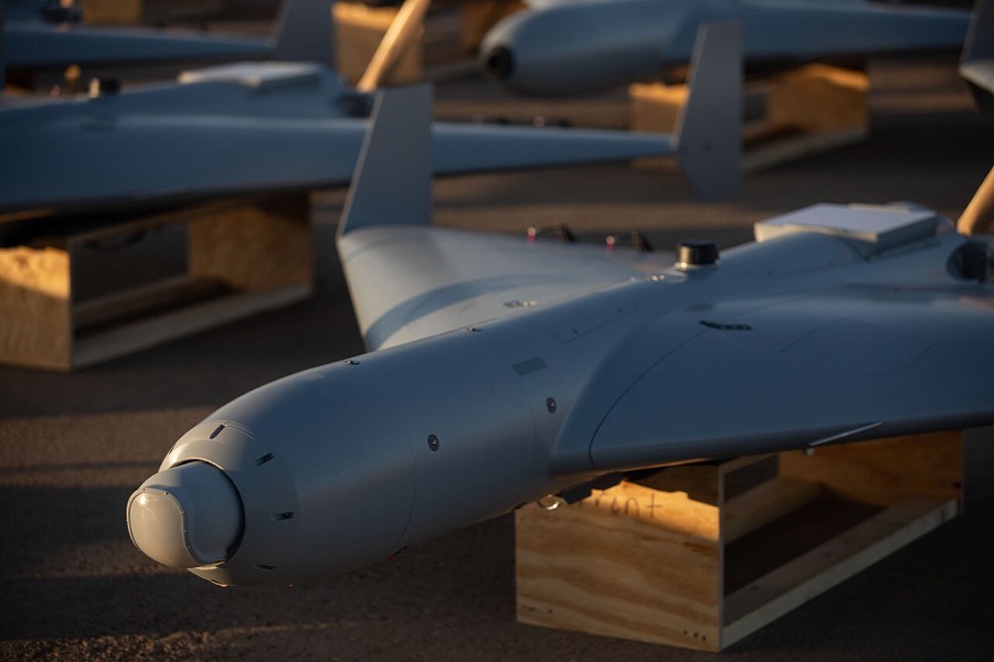 LUCAS one-way attack drones lined up on a tarmac in the CENTCOM area, November 2025.