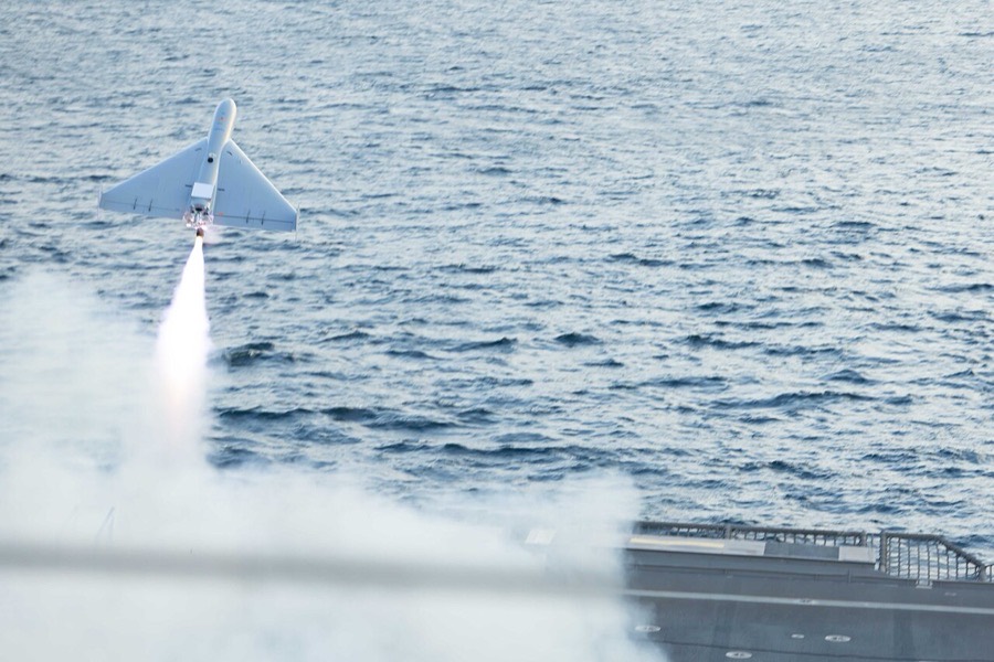 A LUCAS drone launches from the deck of USS Santa Barbara in the Arabian Gulf, December 2025.