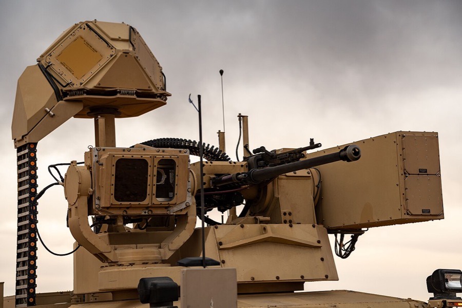 M-LIDS turret and radar on a US Air Force MRAP all-terrain vehicle.