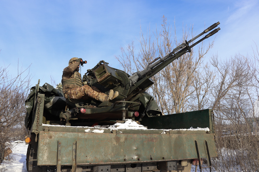 A National Guard of Ukraine mobile fire team from the Spartan brigade with a ZU-23-2 anti-aircraft gun mounted on a truck bed, hunting Russian drones on the Zaporizhzhia front in January 2024.