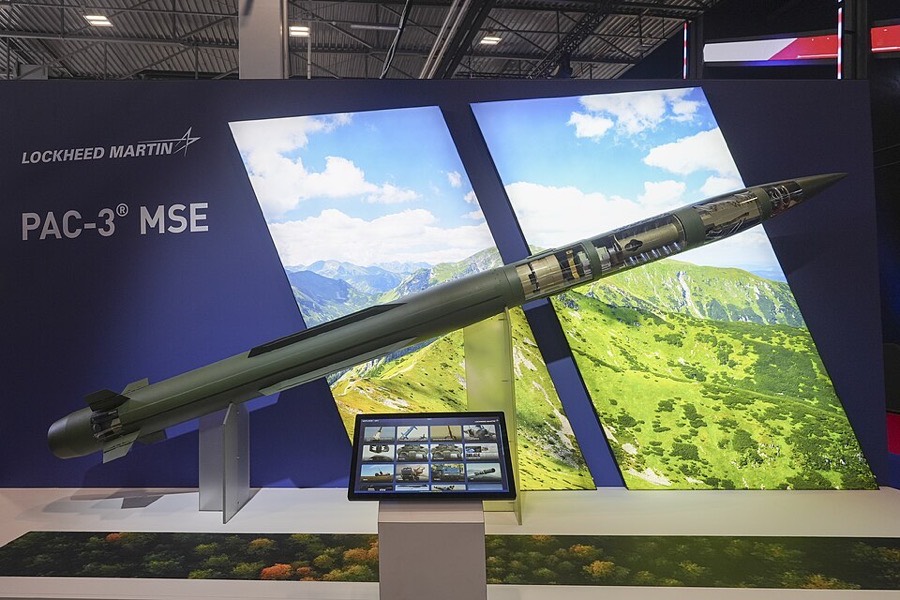 A PAC-3 MSE interceptor missile on display at MSPO 2026 in Kielce, Poland.
