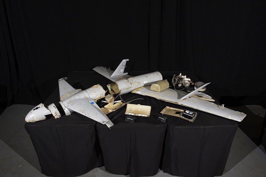 Qasef-1 one-way attack drone recovered from Yemen, shown at the US Iranian Materiel Display in 2018.