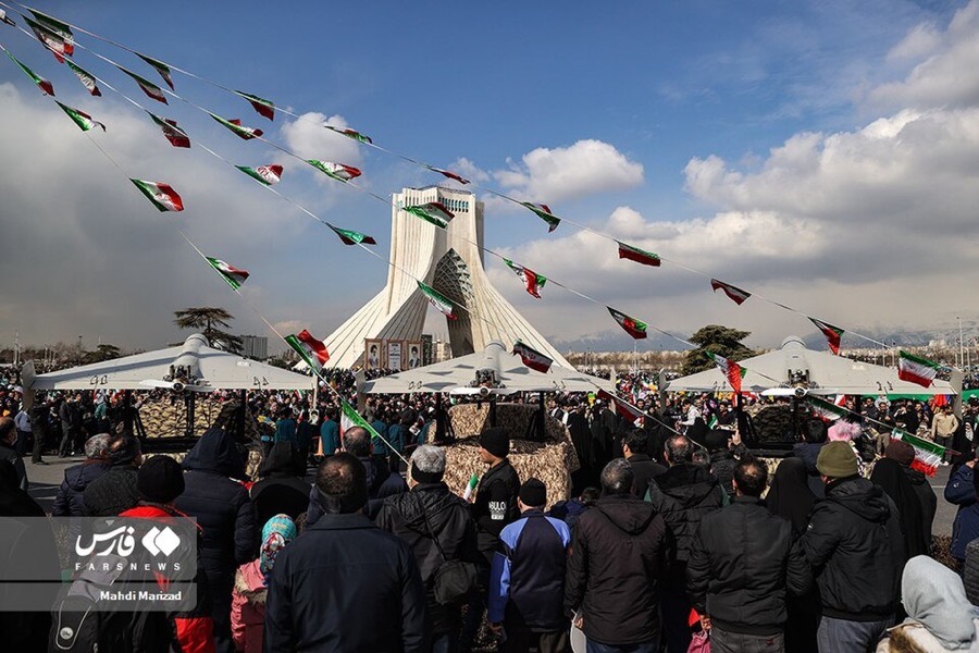 Three Shahed-136 drones on display in Tehran, February 2023.