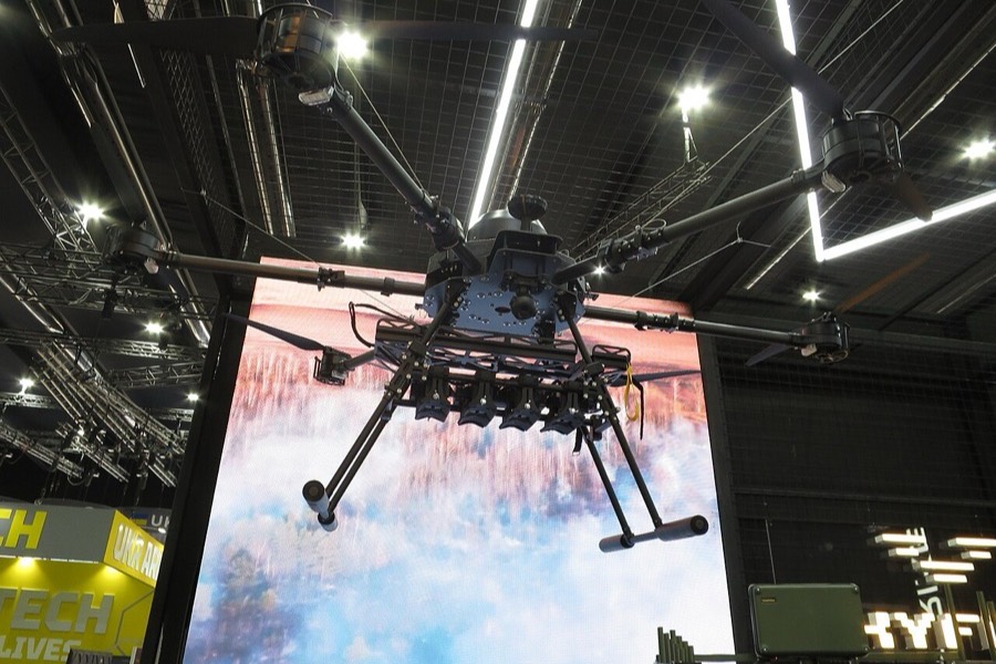 Vampire bomber drone on display at IDEX 2025 in Abu Dhabi.