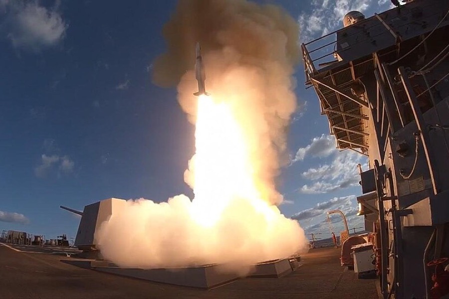 USS Winston S. Churchill fires an SM-2 from its forward missile deck in 2018.