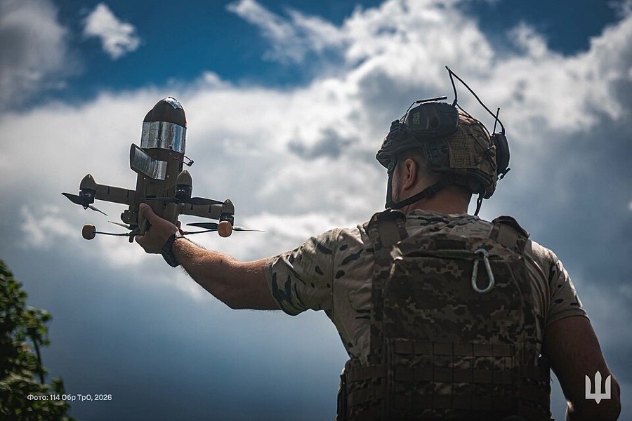 A soldier of the 114th Territorial Defence Brigade launches a Sting interceptor drone.