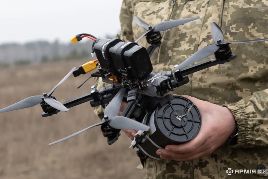 Ukrainian FPV drone with a fiber-optic control spool, 2025.