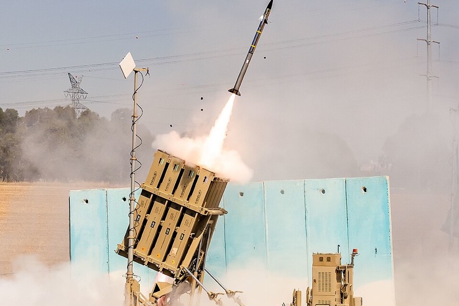 An Iron Dome launcher firing a Tamir interceptor in 2021.